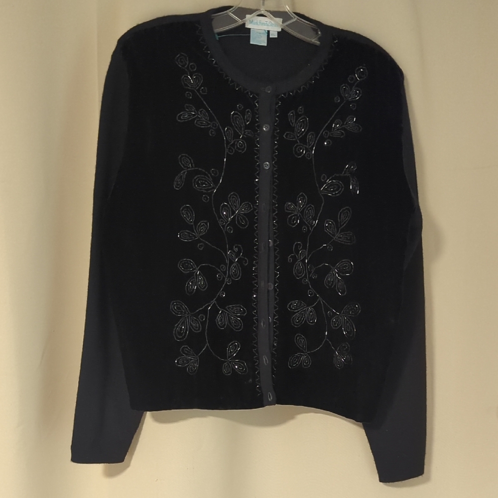 Mark Fore & Strike Women's XL Cardigan Blac100%Marino Wool,  100% Velvet Beaded
